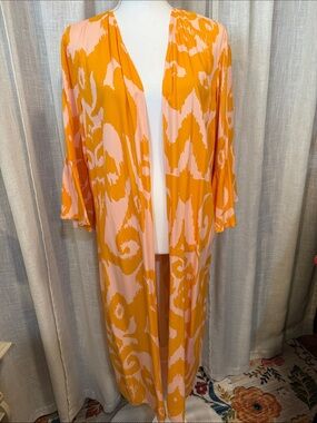 G by Giuliana Orange Pink Abstract Print Duster Kimono Cardigan M Boho